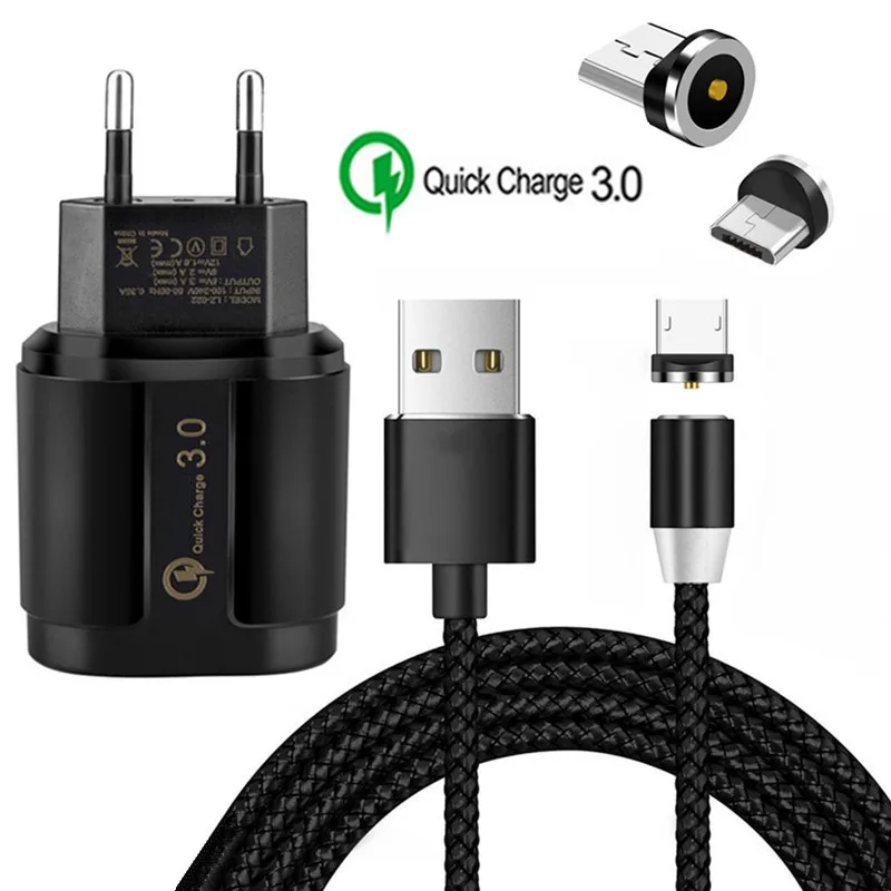 Магнитный Micro USB кабель QC 3,0 быстрое зарядное устройство для Nokia 6 5 4,2 3,1 Plus huawei Y5 Y6 Y7 Y9 LG G3S Stylo 3 мобильного телефона - Тип штекера: EU charger and cable