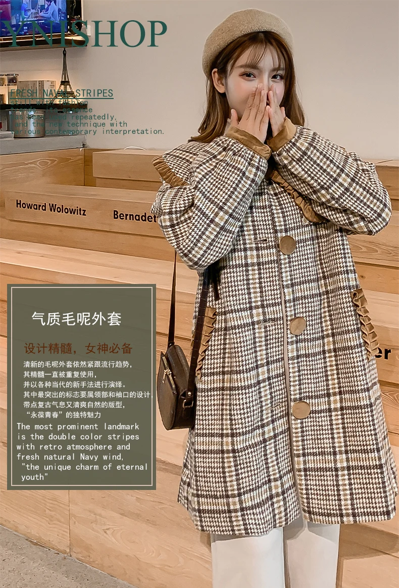 Autumn Winter Women Tweed Coats Peter Pan Collar Single-breasted Khaki Checked Overcoat Womans Plus Size Wool Blend Outerwear