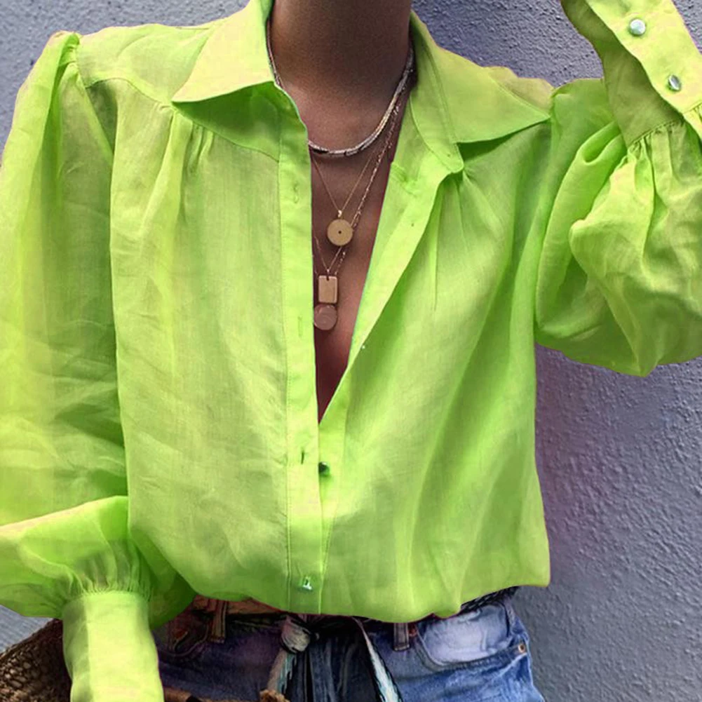 Fashion Office Lady Solid Color Turn Down Collar V Neck Long Sleeve Shirt Blouse