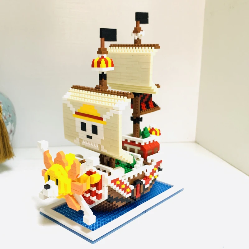HC Anime One Piece Luffy Sunny Pirate Ship Mini Diamond Building Nano Blocks Toy