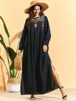 

vestidos largos Women Black Arabic embroidery bohemian Long dress muslim abaya dress ramadan robe kaftan dubai abaya hijab dress