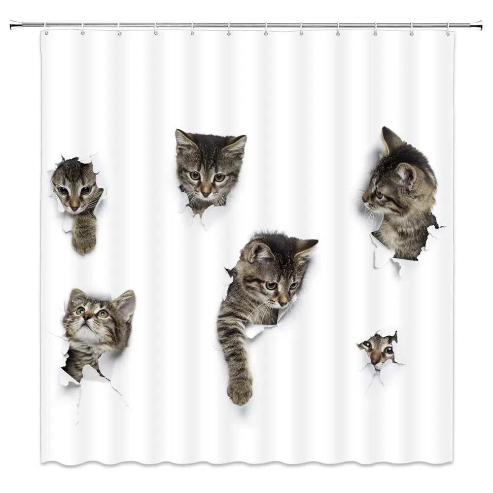 Animal Funny Cat Shower Curtain for Bathroom Creative Cute Hiding Cat