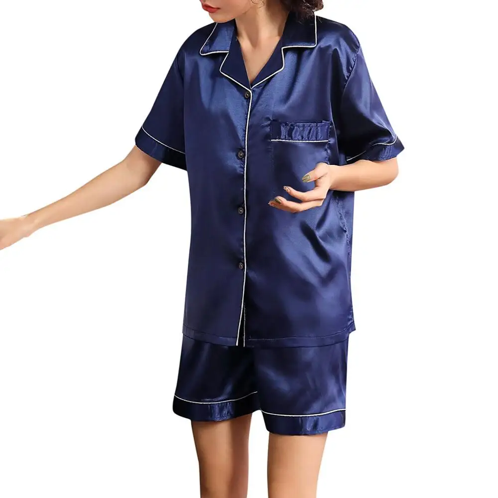 Синий Short Sleeve Silk Pajamas Spring Women Summer Pajama Sets Silk Pijama Sleepwear Pyjamas Plus Size Nightwear Set пижама женская#D - Цвет: Синий