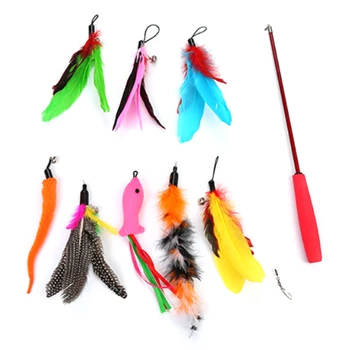 

9PCS Pet Cat Toy Three-Section Telescopic Feather Replacement Head Funny Cat Stick Set Pet Supplies