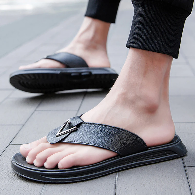 Leather Slippers Men Shoes Open Slippers Thick Platform Sandals Beach Flip Flops Anti-slip Zapatos - Men's Slippers - AliExpress