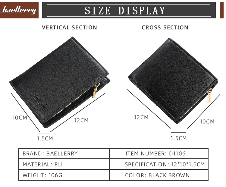Baellerry Small Leather Men Wallet Clamp for Money Card Holder Wallets Zipper Male Purse Coin Pocket Man Money Bag Black Brown