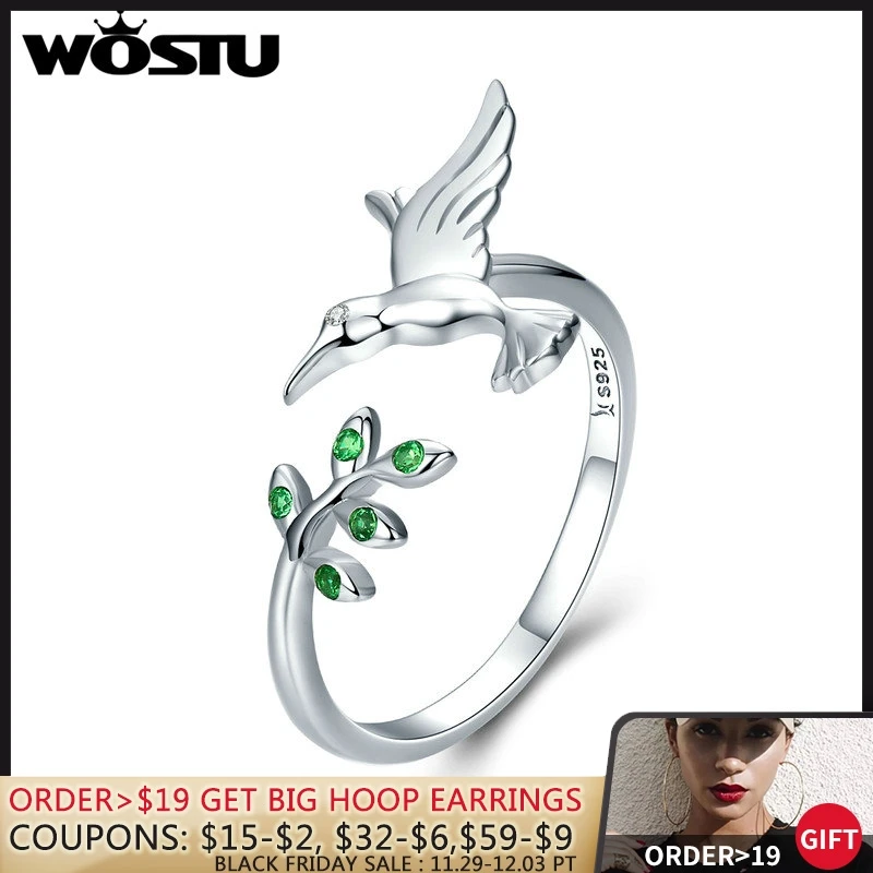 

WOSTU Authentic 925 Sterling Silver Hummingbird & Leaves Ring For Women Nature Style S925 Silver Jewelry Gift CQR323