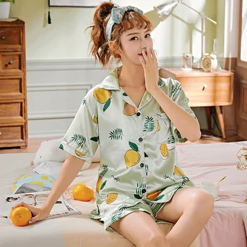 

Short Sleeve Silk Pajamas Spring Women Summer Pajama Sets Silk Pijama Sleepwear Pyjamas Nightwear Set