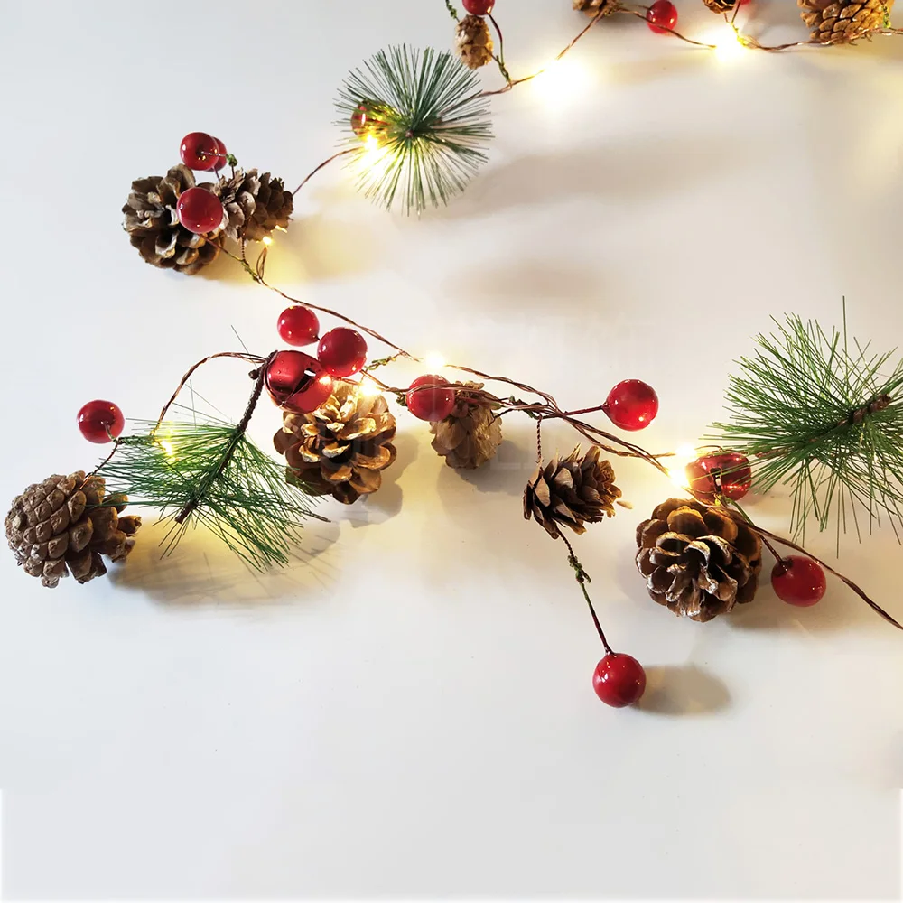 Red Berry Christmas Garland Lights LED Copper Fairy Lamp Lights Pinecone String Lights For Xmas Holiday Tree Home Decoration