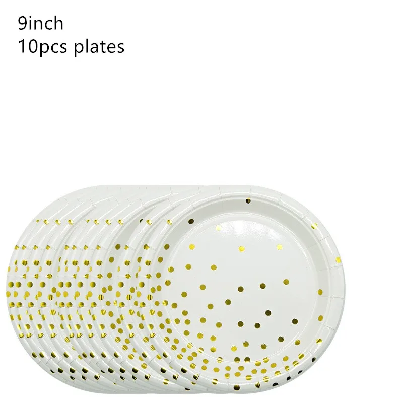 9inch plate 10pcs White Gold Dot Paper Cup Plate Napkins For Happy Birthday Wedding Disposable Tableware Party Decoration Supplies - Цвет: 9inch plate 10pcs