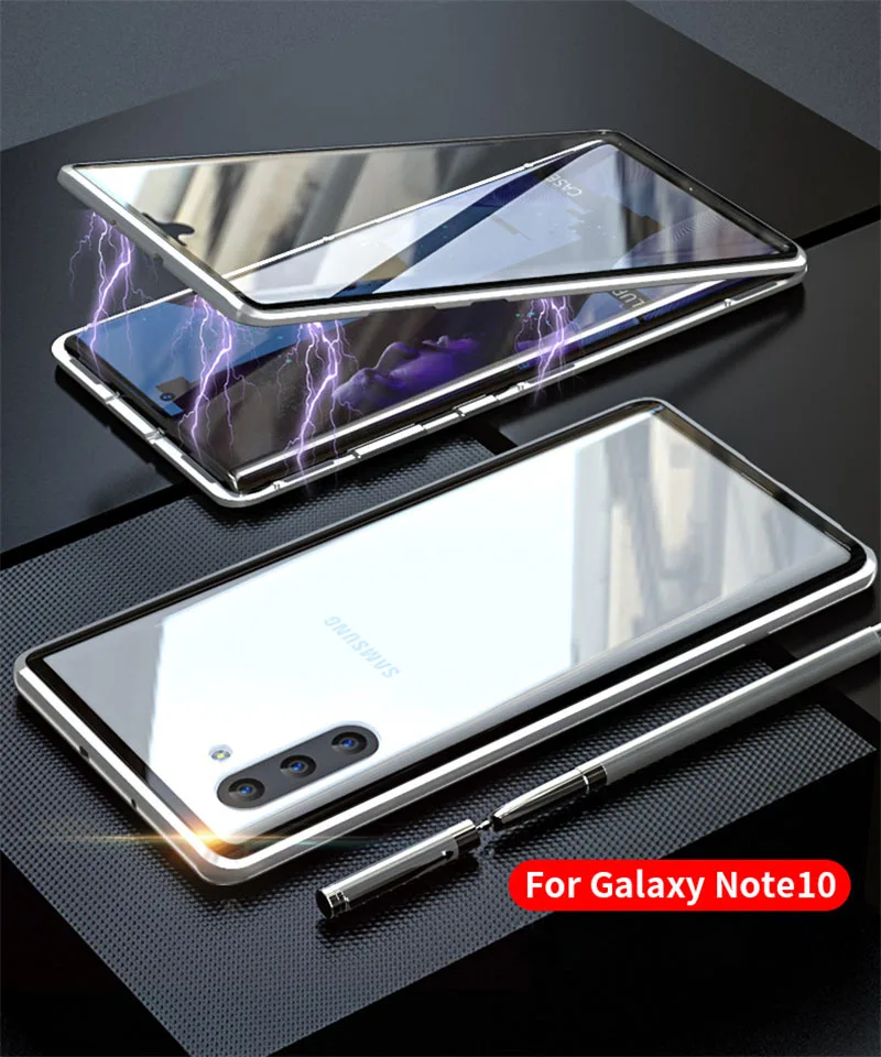 Обновление Магнето Магнитная Адсорбция металлический чехол для samsung Galaxy Note 10/Note 10 Plus+ закаленное стекло задняя крышка - Цвет: silver