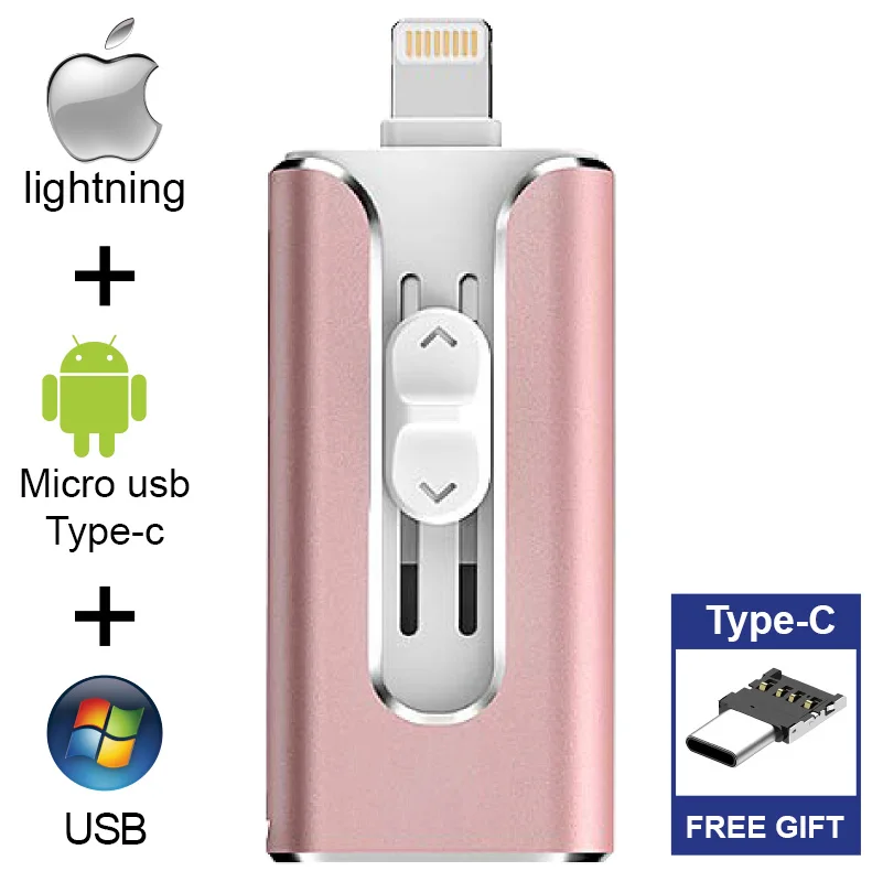 Бесплатный адаптер type-C горячий! OTG USB флеш-накопитель для Apple iPhone iPad 16 ГБ 32 ГБ 64 Гб 128 ГБ USB карта памяти 3 в 1 OTG для Android ПК - Цвет: Pink-Type-C