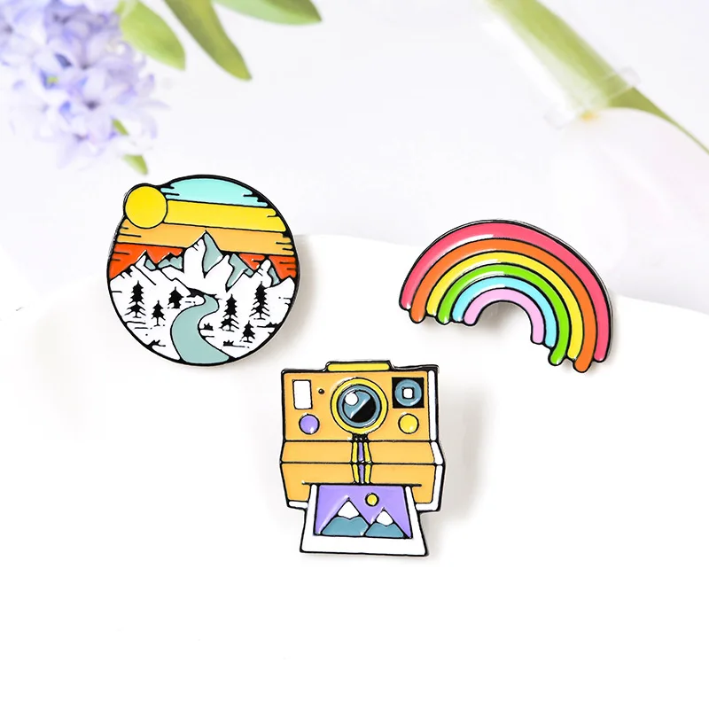 Rainbow sunset Mountains retro polaroid camera film tape creative brooch cartoon pin pendant fixed clothes bag accessories badge