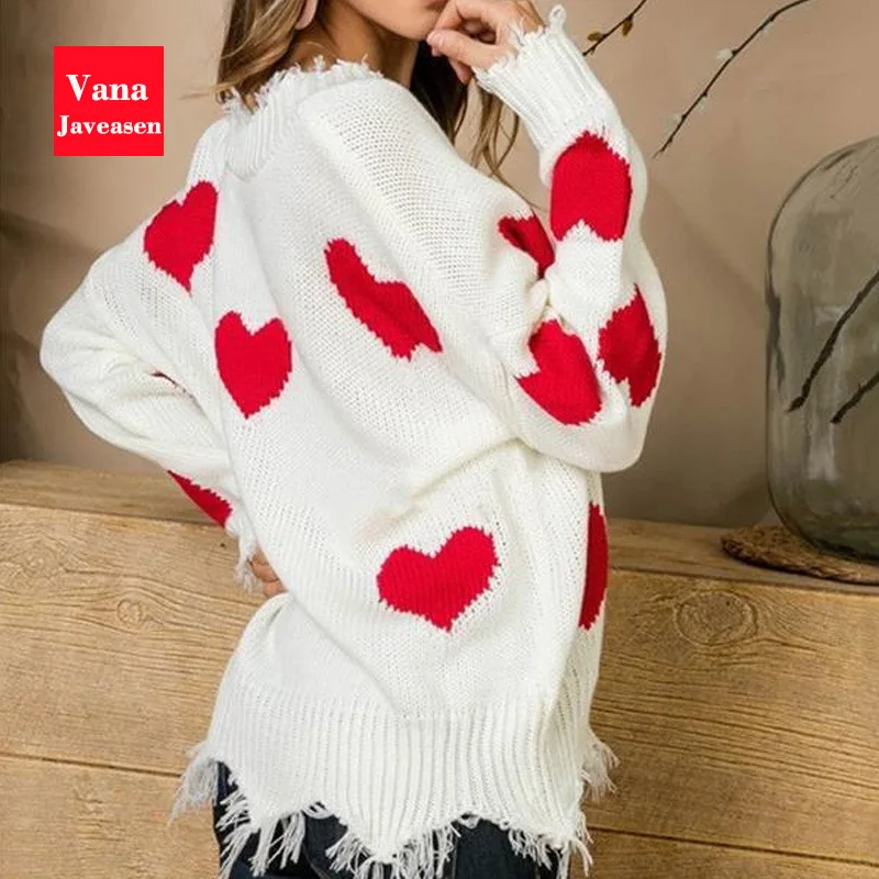 Vana Javeasen V-neck Autumn Sweater For Women Tassel Knitted Sweater Women Female Tops Long Sleeve Pullover Heart Sweaters 2019
