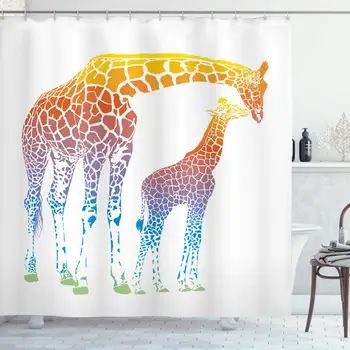 

Giraffe Shower Curtain, Mom Kid Giraffe in Rainbow Colors Abstract Art Surrealist Image of Animal, Cloth Fabric Bathroom Decor