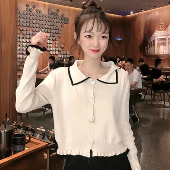 

2019 Fashion Turn Down Collar Ruffled Sweet Sweater Stitching Color Long-sleeved Knit Cardigan Red Single-breasted Sweater