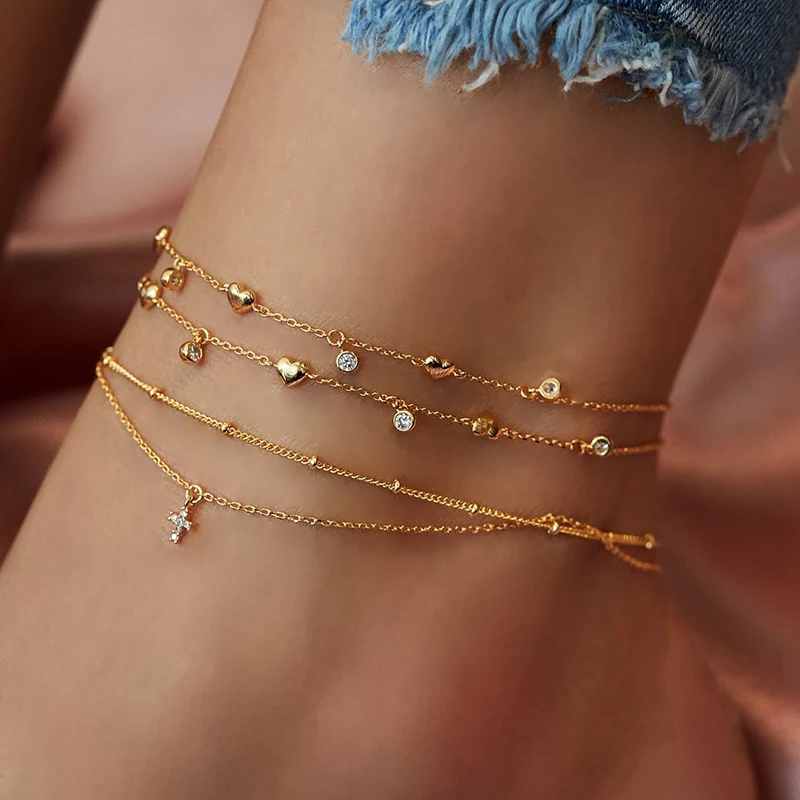 KINFOLK Boho Gold Cross Anklets For Women Bohemian Crystal Anklet Fashion Womens Jewelry Charm Heart Ankle Chain Set KINFOLK Boho Gold Cross Anklets For Women Bohemian Crystal Anklet Fashion Womens Jewelry Charm Heart Ankle Chain Set