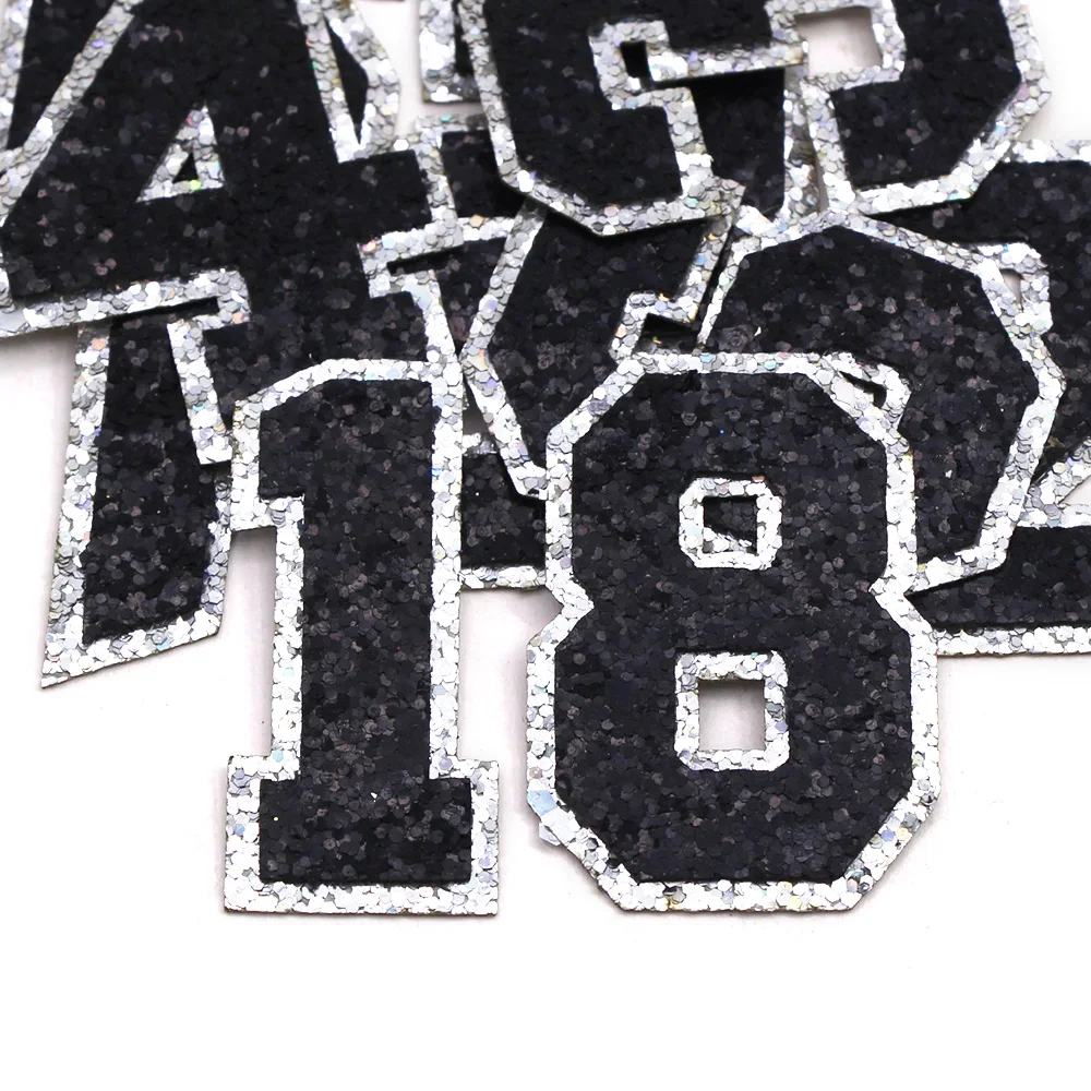 1Pcs Black Sequins Number Patches 0-9 Glitter Figure Iron On Patch For Clothes Jeans Bags Hats Sliver Side Patches Appliqued