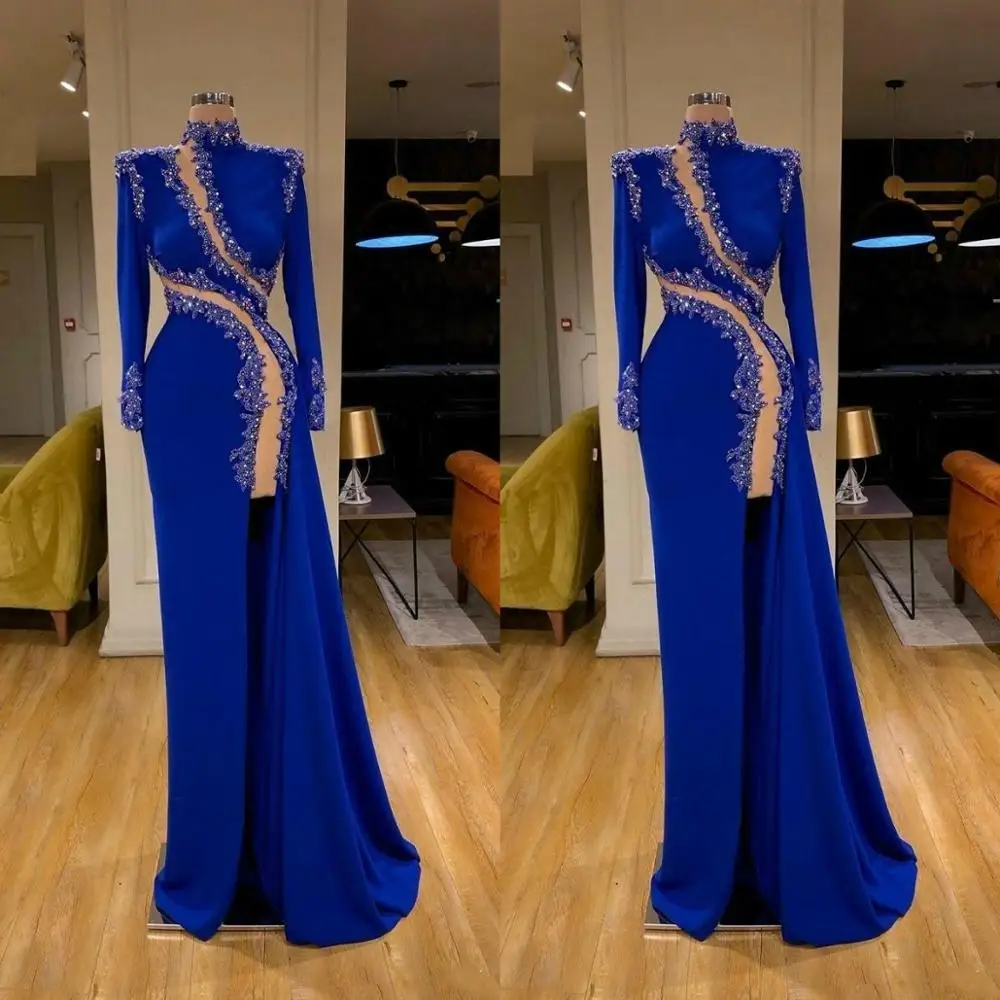 

Royal Blue Long Sleeve Mermaid Evening Dresses 2020 Beaded Gowns Formal Wear Prom Dress robe de soiree Abendkleider