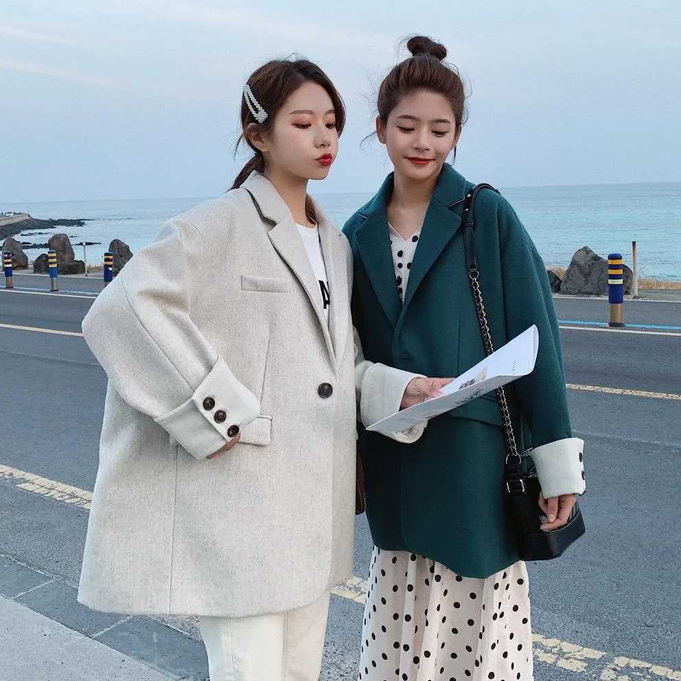 

Photo Shoot CHIC Korean-style Oversize Contrast Color Cuff Small Suit Women's Oatmeal Color Loose Casual Coat Spring