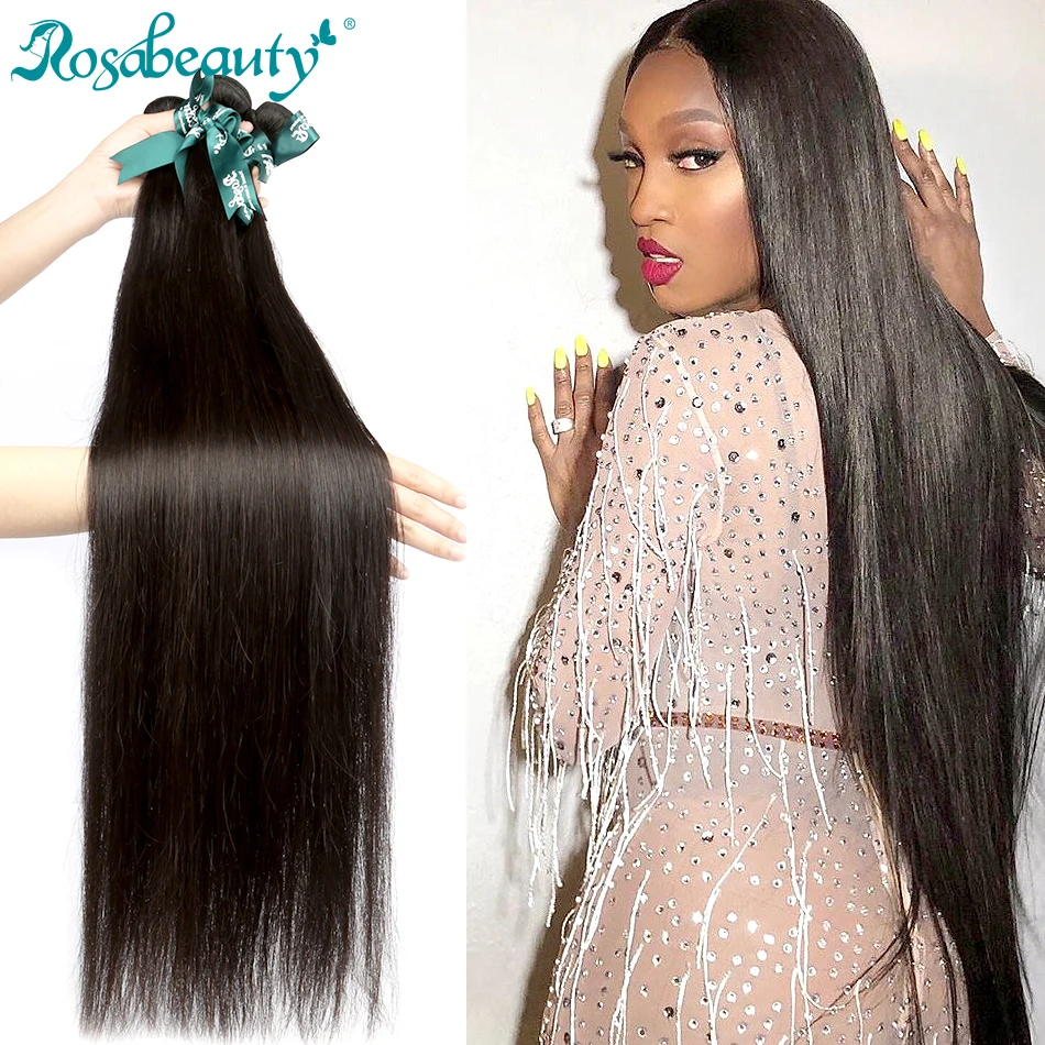 

RosaBeauty 28 30 32 40 Inch Natural Color Brazilian Hair Weave 1 3 4 Bundles Straight 100% Remy Human Hair Extensions Weft