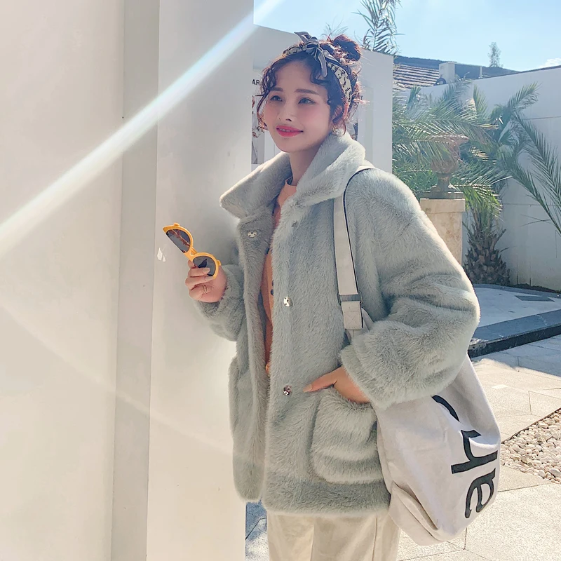 Korean Style Cute Pink Fake Mink Fur Jacket Coat Women Winter Thicken Warm Overcoat Fashion Street Shaggy Faux Fur Overwear