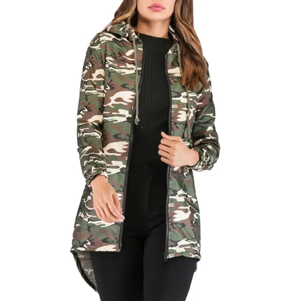 Камуфляжный принт, повседневные куртки, Женское пальто с v-образным вырезом и длинными рукавами, уличная армейская зеленая молния, верхняя одежда с капюшоном, открытая стежка, mujer#25 - Цвет: Армейский зеленый