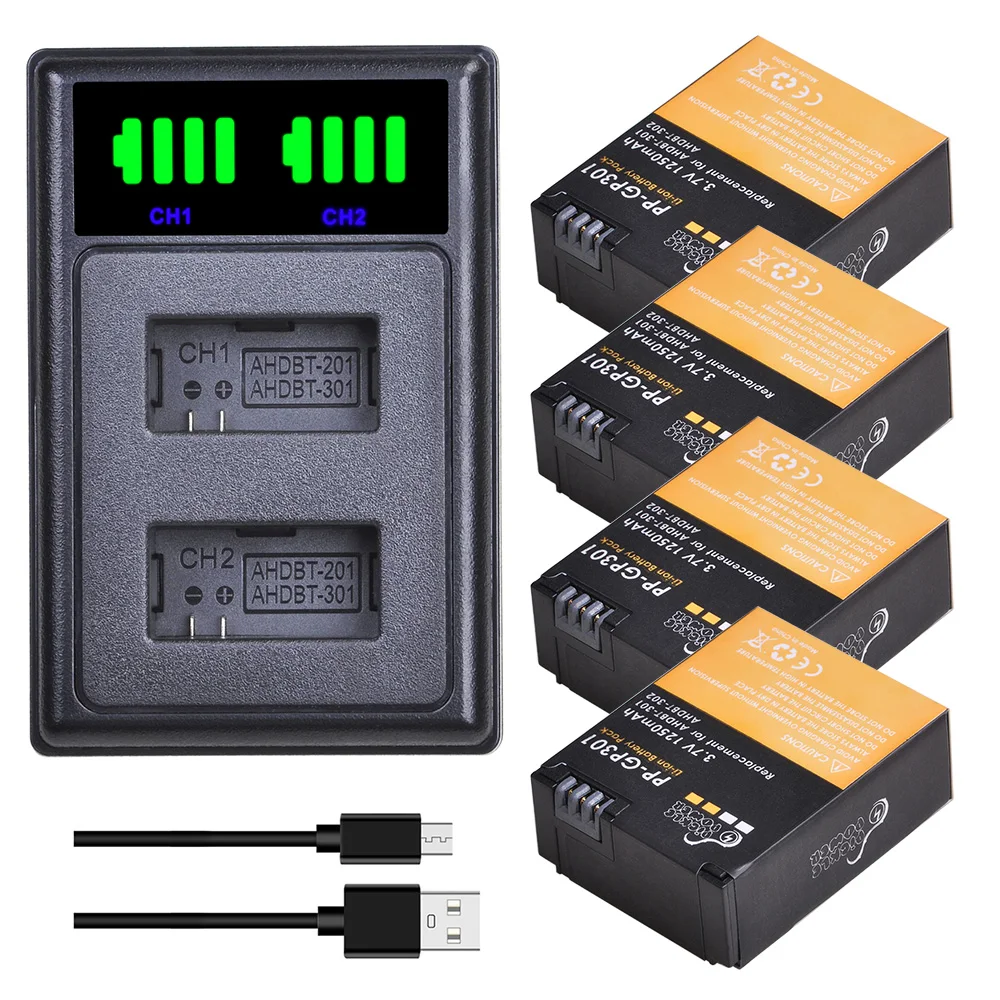 Аккумулятор для Gopro Hero 3 1250 мАч AHDBT 301 Hero3 аккумулятор USB двойное зарядное