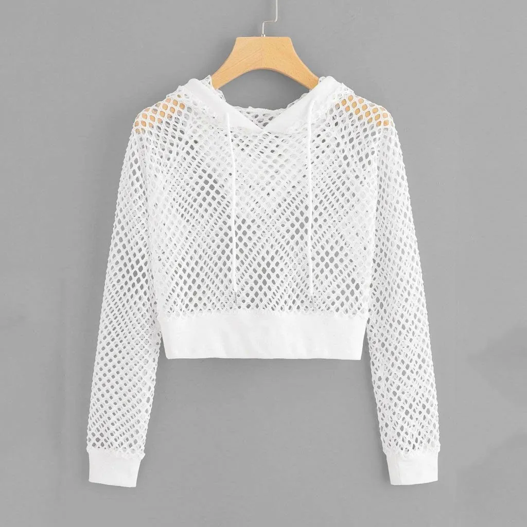 40* Women Cut Out Mesh Insert Cropped Hoodie Sweatshirt Punk Style Long Sleeve Crop Top Solid Leisure Streetwear Sweatshirts