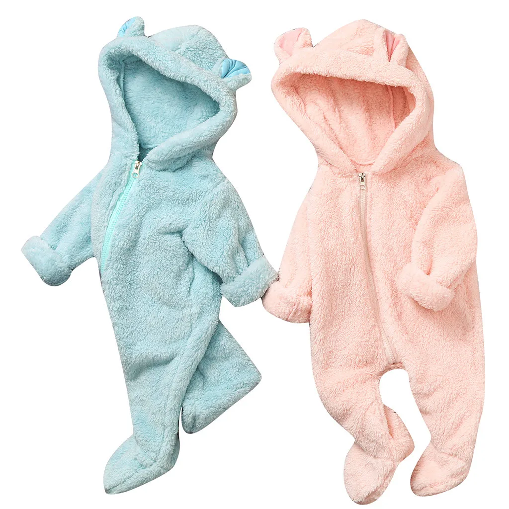 Комбинезон для новорожденных мальчиков и девочек, толстовки сезон осень-зима, флисовый однотонный теплый комбинезон с капюшоном, верхняя одежда, Нарядный комбинезон, одежда для малышей