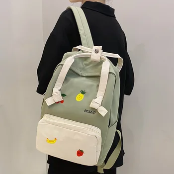 

DCIMOR New Ring buckle Knot Women Backpack Female Fruit embroidery Waterproof nylon small School bag Lovely travel backpack bags