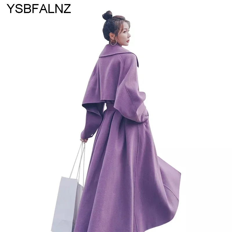 

2023 Purple Woolen Coats Womens Winter Korean Thickened Cotton British Style Over Knee Cashmere Jackets Elegant Outwears Female