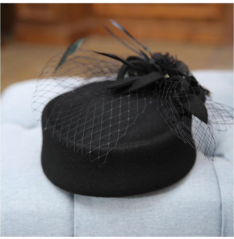 New England retro elegant bowknot mesh wool stewardess hat small bowler hat casual berets