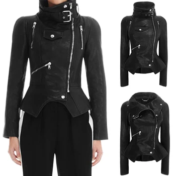 

2020 Spring Autumn Women Fashion Tide Motorcycle Style Leather Jacket Female High Collar PU Coats Women Outerwear