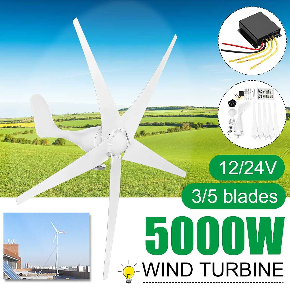 

12V/24V/48V Wind Power Turbines Generator 5000W 3/5 Wind Blades Option With Charge Controller Fit for Home Camping Streetlight