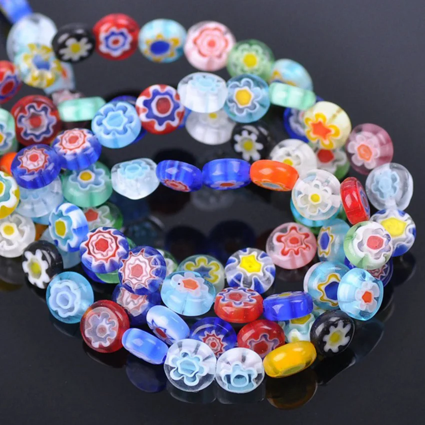 Crafts Beads Jewelry Making-Findings Millefiori Glass Flower-Patterns DIY Mixed Flat Round