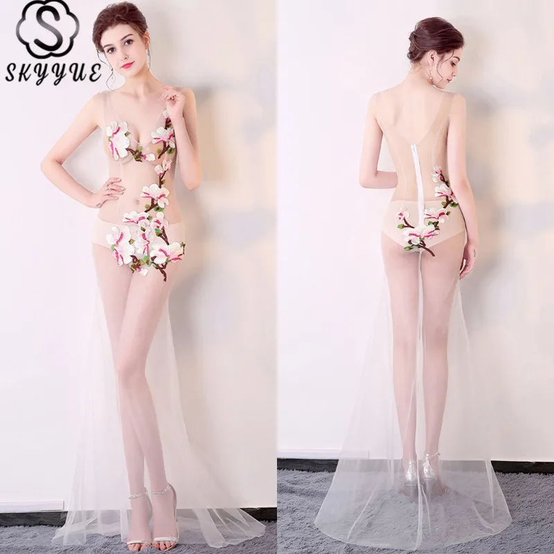 

Skkyue Evening Gown V-Neck Embroidery Perspective Dress 2019 Mermaid Robe De Soiree Appliques Sleeveless Evening Dresses H035