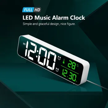 

LED Digital Alarm Clocks With Snooze Temp Time Music Dual Clock Multifunction USB Charger Large Digit Display Brightness Dimmer