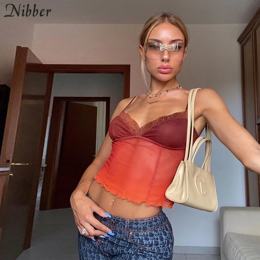 Уличный винтажный женский кружевной топ Nibber Y2k, привлекательный прозрачный V-образный вырез, Женский клубный мягкий сетчатый топ без рукавов