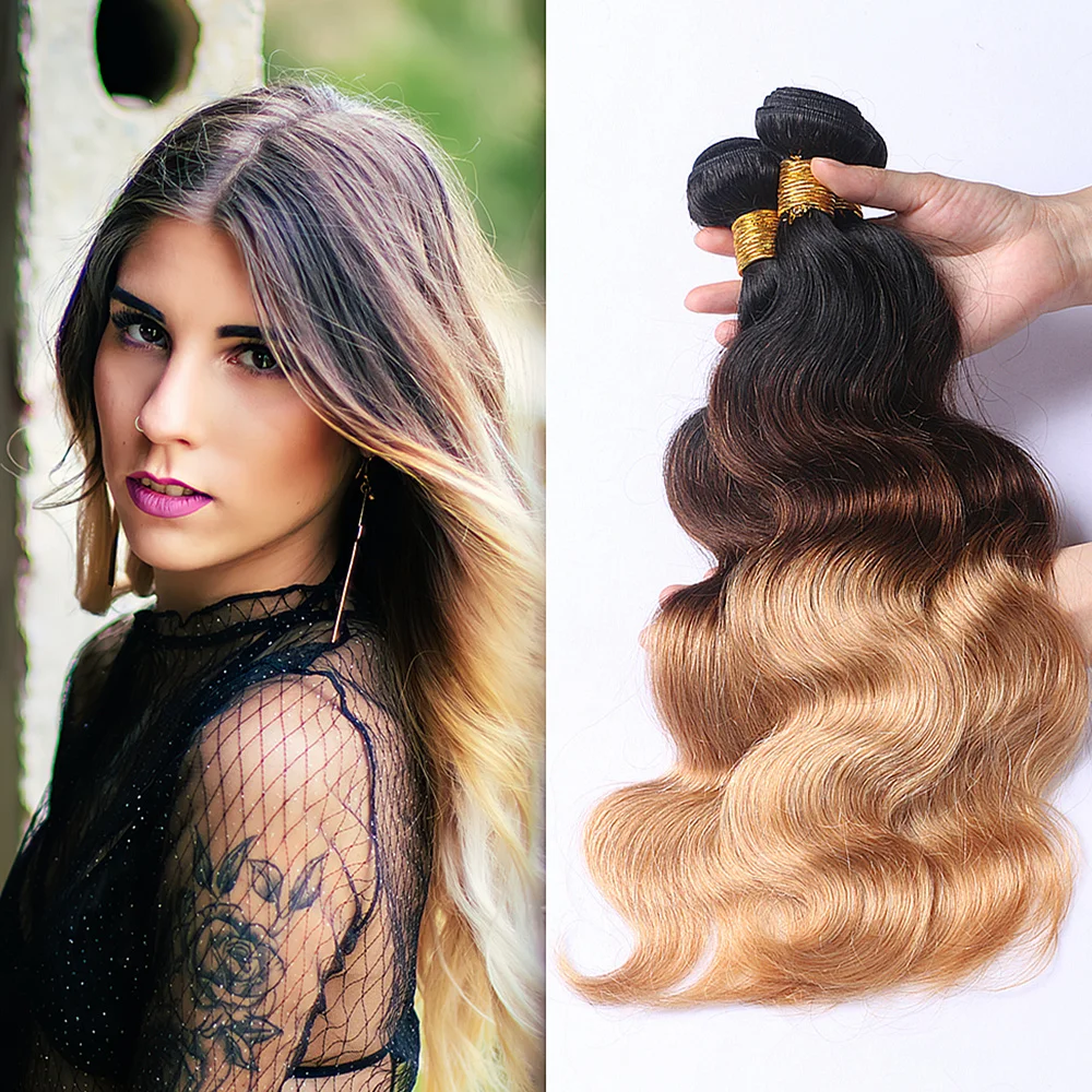 Onda do Corpo Extensões de Cabelo Real Barato Loira Ombre Cabelo Humano Bndles 3 Pçs t 1b - 4 27 Bom Mel 2 Pacotes com 34
