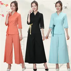 Female Blue Beauty Salon Uniform Foot Bath Pedicure Shop Work Clothes Suit SPA Uniform Massage Beautician Uniform Robe