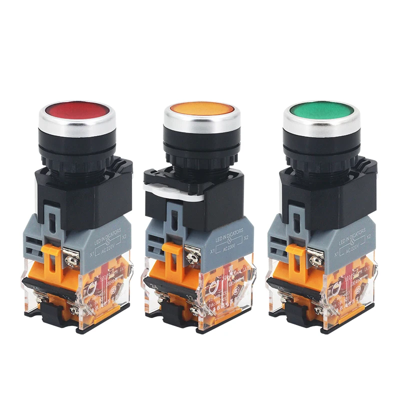 10PCS LA38-11D/11DS Quality Sliver Contact Push Button Switch with Light On/Off Momentary/Latching 22mm 220V 24V LED Indicators
