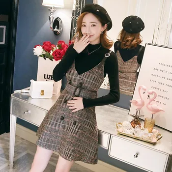 

2020 Autumn Winter Woman Long Sleeves Knitted sweater + Tweed Blend Plaid Dress 2 pcs sets with Belt