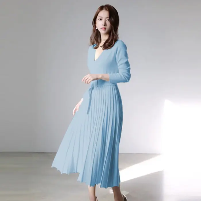 Осенне-зимнее модное платье-свитер с длинными рукавами новые женские платья с v-образным вырезом Плиссированное трикотажное элегантное платье Тонкий f1551 - Цвет: blue