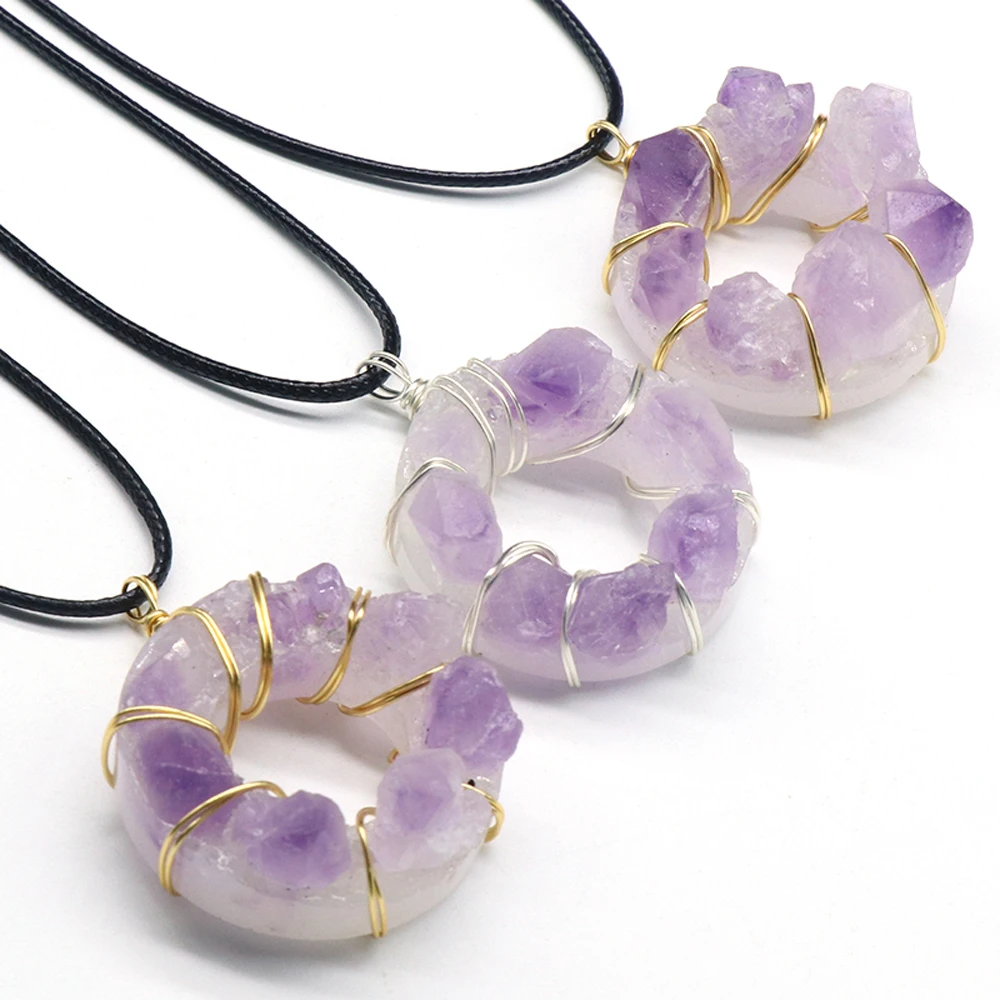 Wholesale 4PCS Natural Stones Amethyst Reiki Healing Round Shape Pendant Necklace DIY Charm Necklaces Jewelry Gift