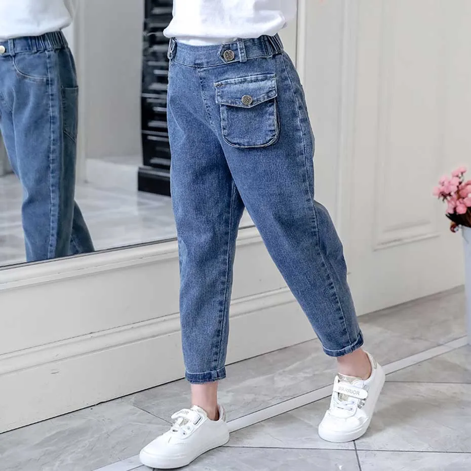 Джинсы для девочек, джинсы с накладными карманами для девочек, детские джинсы с эластичной резинкой на талии, повседневные джинсы на весну-осень, одежда для девочек 6, 8, 10, 12, 14 лет - Цвет: As Picture