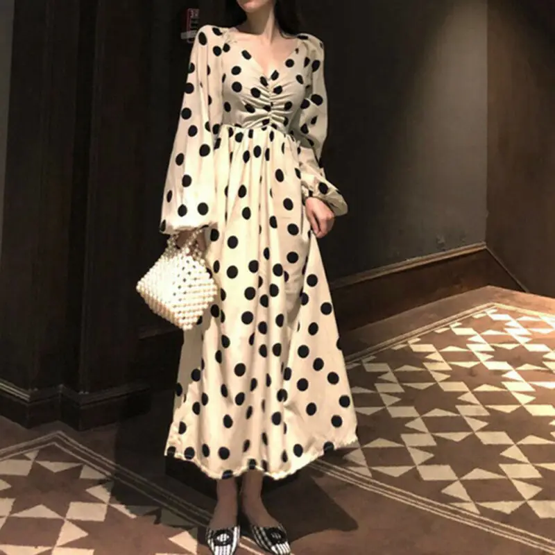 

Womens Holiday Swing Dress V-neck Long Sleeve Dot Printed Loose Wave Point Summer Beach Midi Sundress