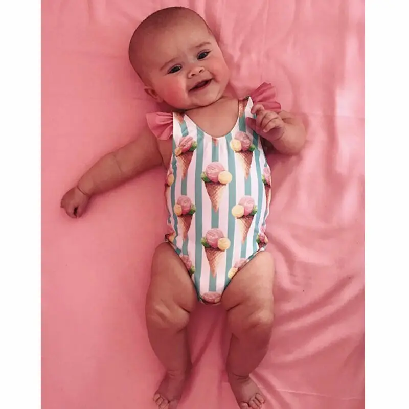 

Infant One-Piece Suits Kids Swimwear 2020 Baby Girls Striped Swimsuit Swimming ice cream Print Bathing Suit