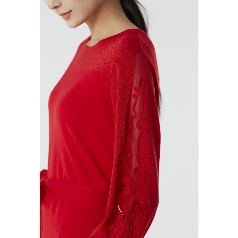 Kintted Dress Women Fashion Solid Embroidery Knitted Sweater Dress O-Neck Casual Long Sleeve A-Line Mini Dresses