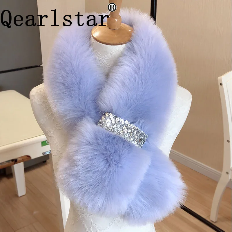 Qearlstar шарфы из искусственного лисьего меха зимние для женщин девочек пушистые Роскошные Блестки меховой шарф 100*16 см толстые Шали Обертывания YT11